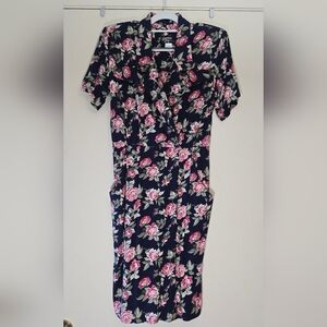 Vintage Dawn Joy 80s Floral V-Neck Fitted Waist Navy Dress X-small Or Small